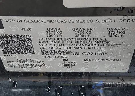 2020 Chevrolet Silverado 1500 4Wd Short Bed Lt Trail Boss from USA, damaged, VIN 3GCPYFED8LG271085